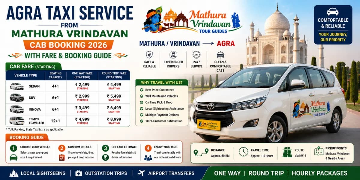 Agra Taxi from Mathura Vrindavan — Taj Mahal Tour AC Cab