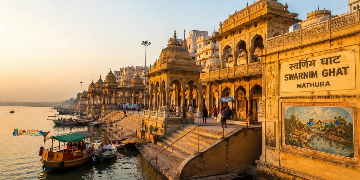 Swarnim Ghat Mathura — golden sandstone Yamuna ghat at sunset
