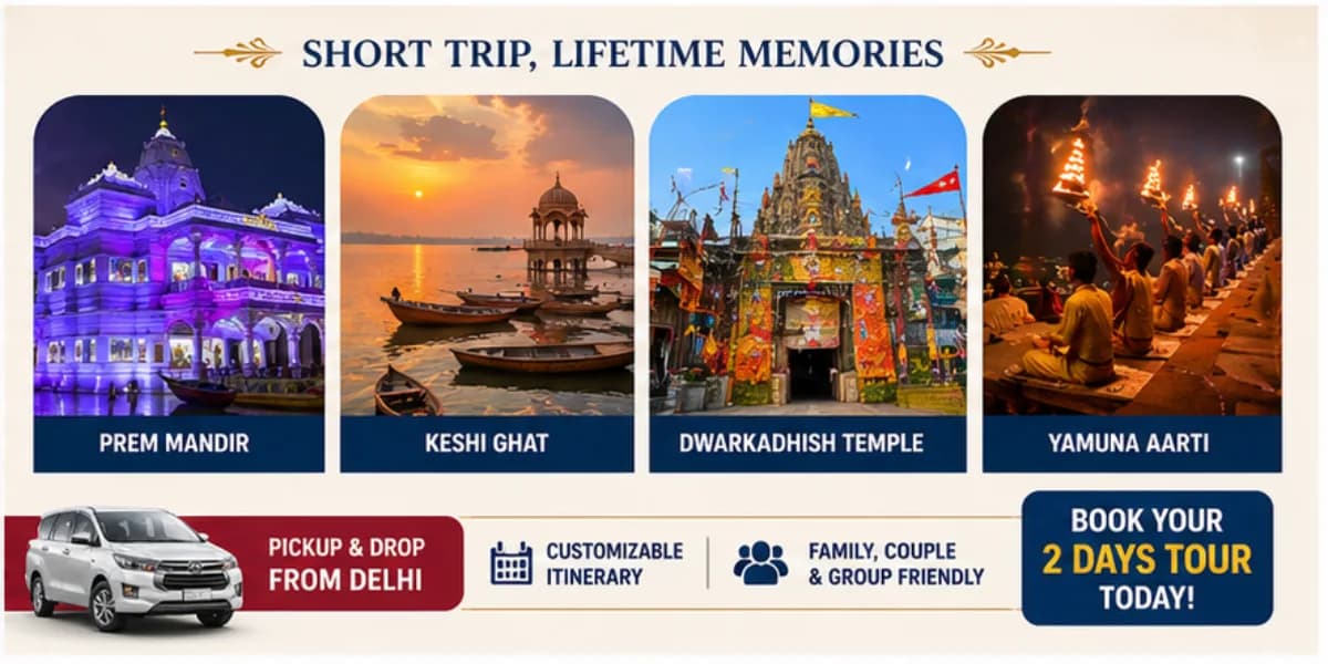 Spiritual journey covering ISKCON Vrindavan Temple as part of Mathura Vrindavan tour package from Delhi for 2 days