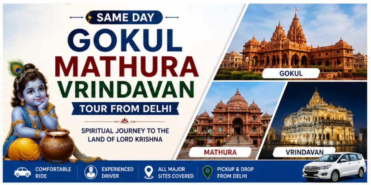 Same Day Gokul Mathura Vrindavan Tour from Delhi promotional banner with religious sites and comfortable journey